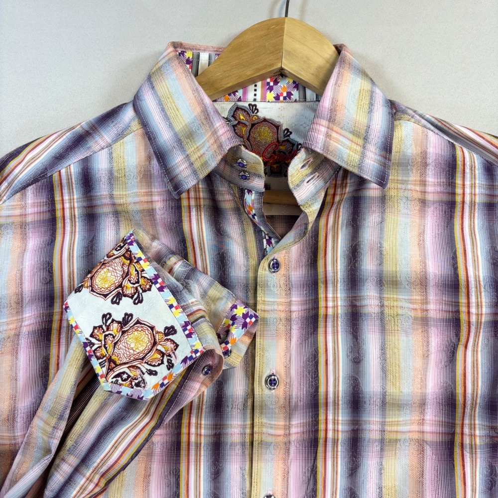 Robert Graham Shirt Mens Medium Multi-Color Plaid Paisley Flip Cuff Embroidery